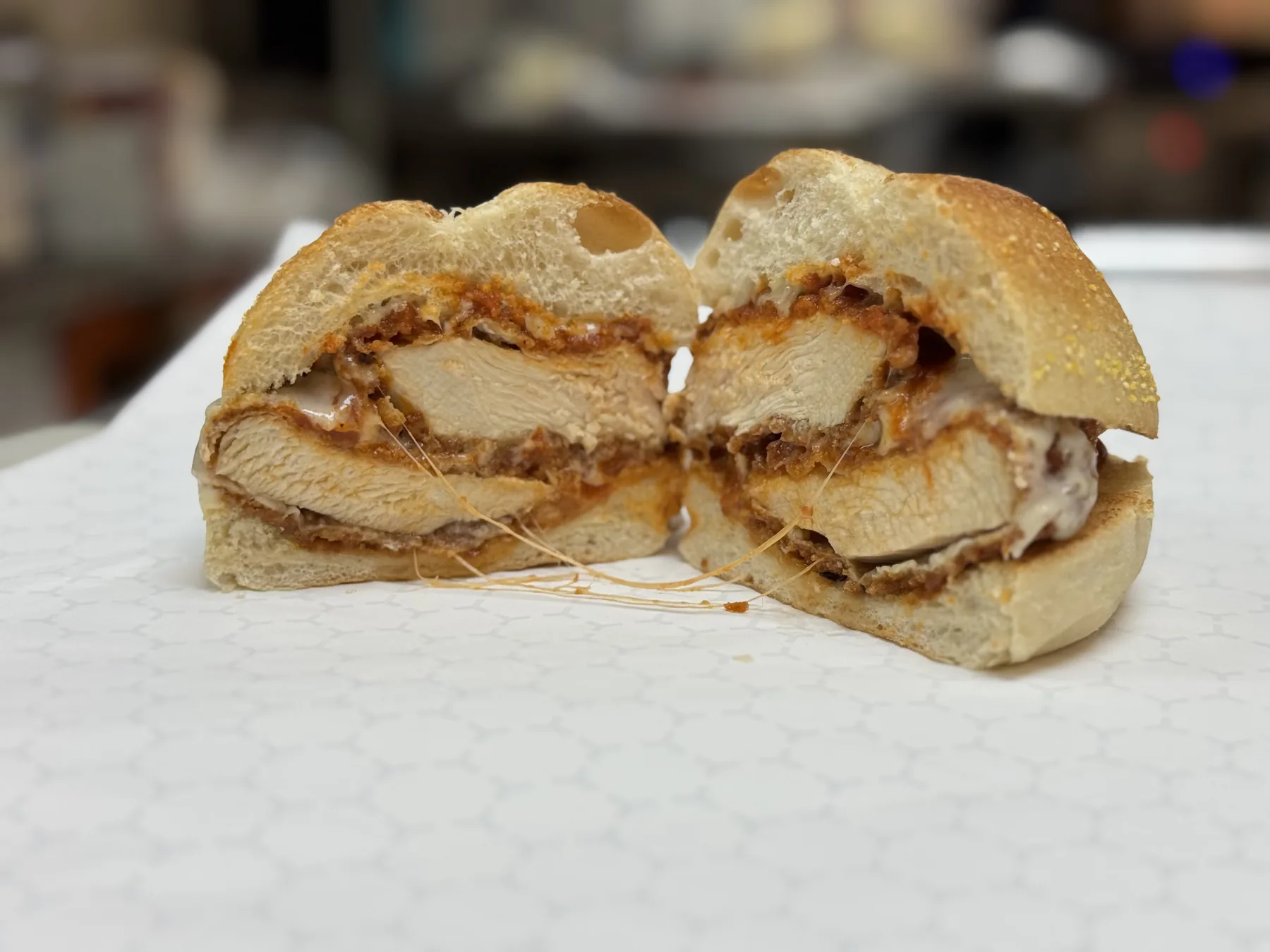 Crispy chicken sandwich cross-section from Windsor Deli